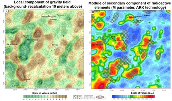 Posicionamiento de los objetos de oro-sulfuro-cuarzo y oro-plata en los mapas de transformación de gravedad y campos radiogeoquímicos
